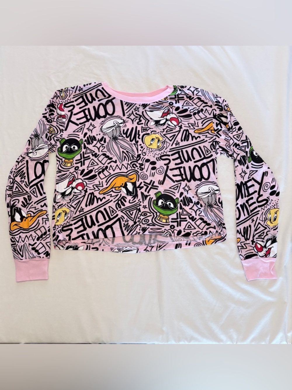 Looney Tunes Graffiti Doodle Pink Long Sleeve Crop Top Large